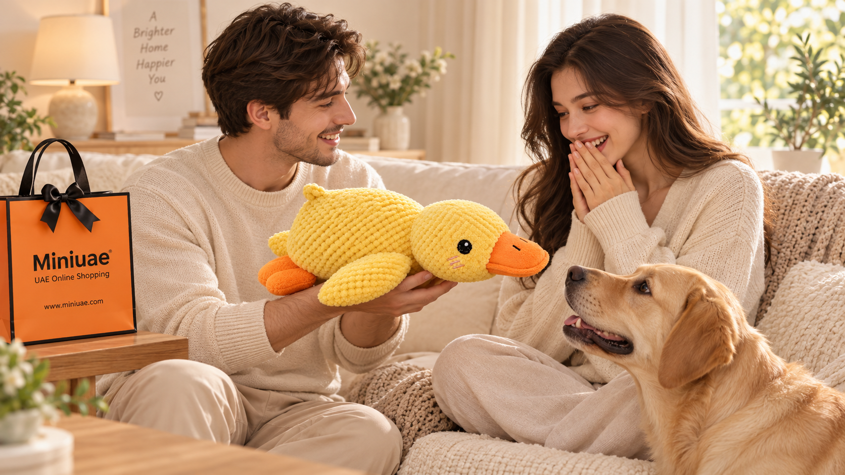 A man presenting the yellow duck to a smiling woman, with a golden-colored dog beside them