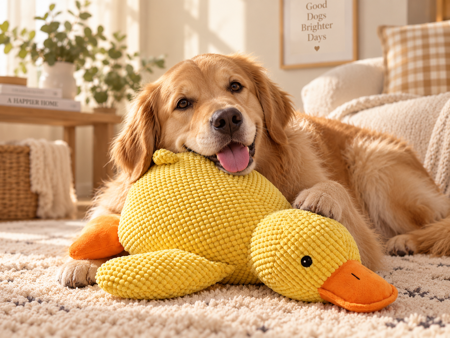 A golden-colored dog resting with the yellow duck toy between its paws