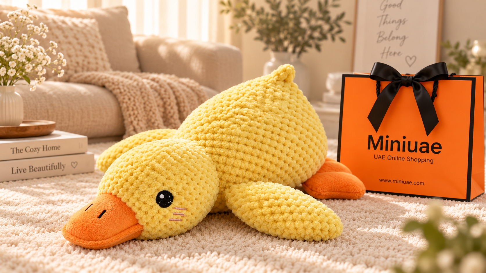 Yellow textured plush duck beside an orange Miniuae gift bag with a black ribbon in a sunlit living room