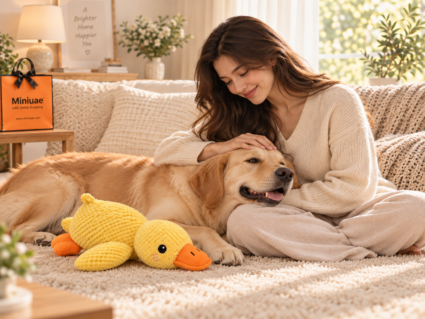 A woman stroking a golden-colored dog beside the yellow duck toy in a warm living room